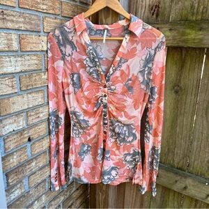 Free People Coral Floral Sheer Blouse